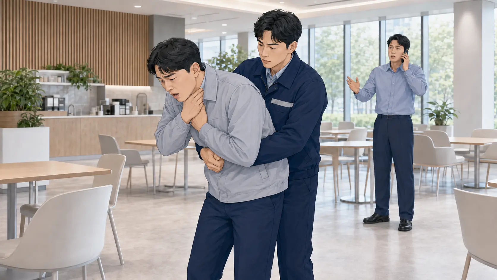 심한 기도폐쇄 증상을 보이는 성인에게 구조자가 복부 밀어올리기를 실시하고 다른 사람이 신고하는 응급처치 장면