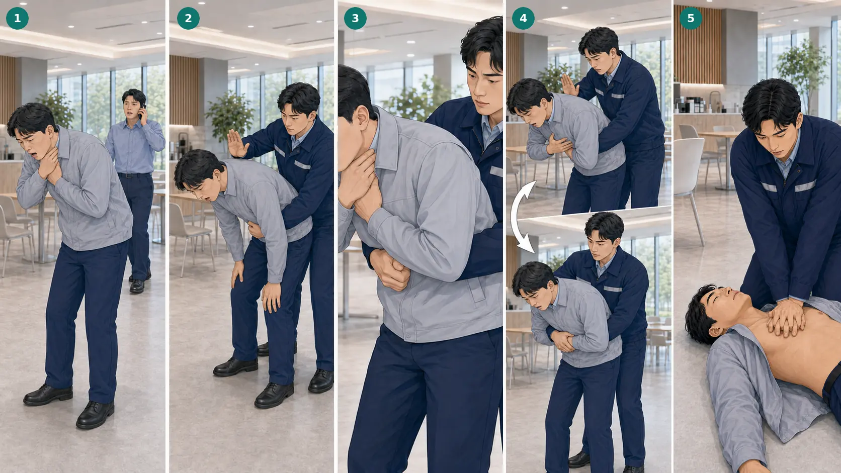 성인 심한 기도폐쇄를 확인하고 등 두드리기와 복부 밀어올리기를 교대한 뒤 반응 소실 시 CPR로 전환하는 5단계 장면