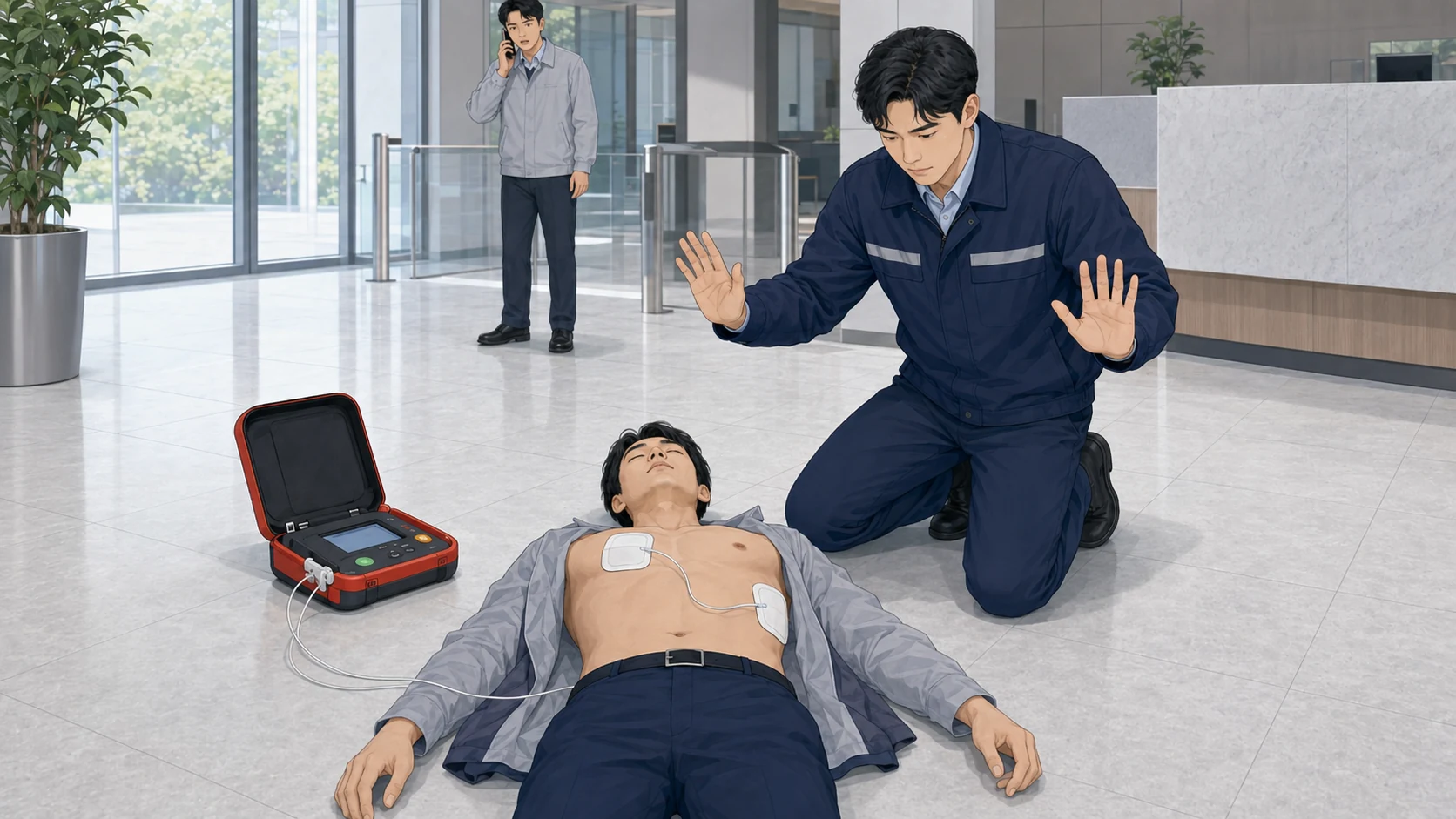 성인 환자의 오른쪽 빗장뼈 아래와 왼쪽 젖꼭지 아래 중간겨드랑선에 AED 패드를 부착하고 분석 중 모두 환자에게서 떨어진 응급처치 장면