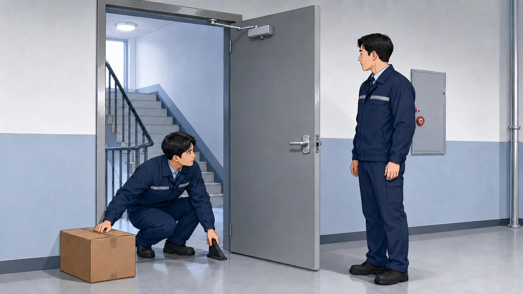 방화문 고임목과 상자를 닫힘 경로에서 치운 뒤 도어클로저와 래치 작동을 확인하는 점검 장면
