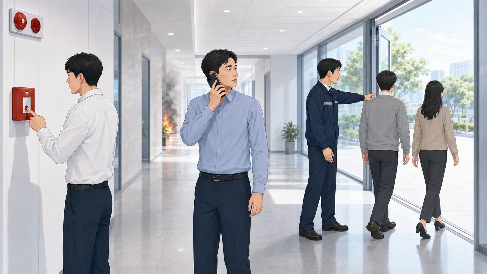 화재 발견 직후 한 사람은 발신기를 누르고, 신고자는 한 손으로 휴대전화를 들어 119에 신고하며 다른 손은 몸 옆에 두고, 안내자는 재실자를 열린 출구 바깥쪽으로 유도하는 초기 대응 장면
