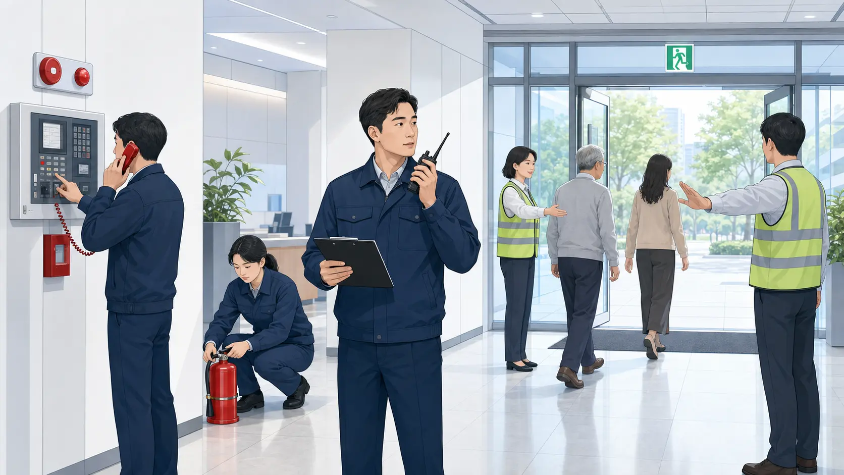 자위소방대가 통보, 초기소화 준비, 피난유도, 현장지휘 임무를 동시에 수행하는 훈련 장면